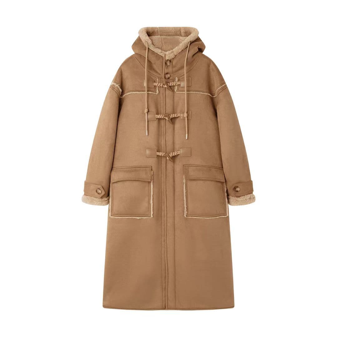 Thick Over-the-knee Hooded Horn Buckle Thickened Fur One-piece Coat Women's Imitation Lamb Wool Coat Winter Hooded Cotton Coat L