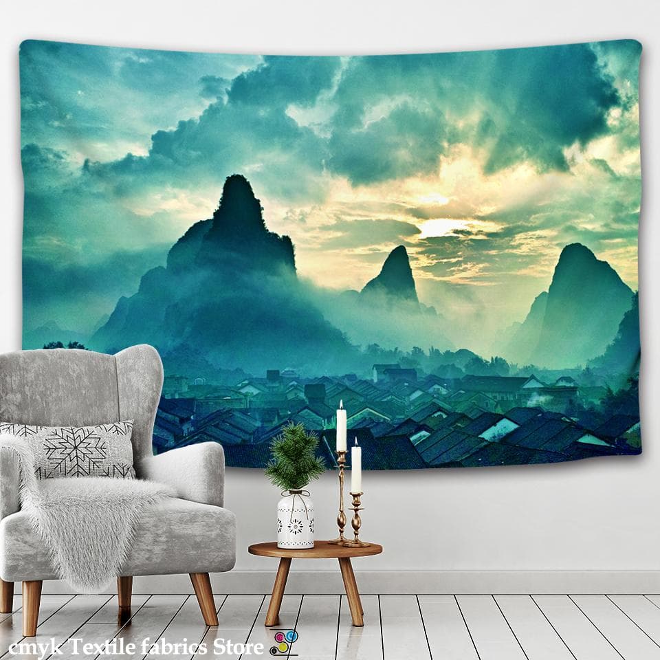 Live Photo Clear Mountain and Green Water Large Landscape Printed Tapestry Psychedelic Wall Hanging Bohemian Wall Art Home Decor 95x70CM