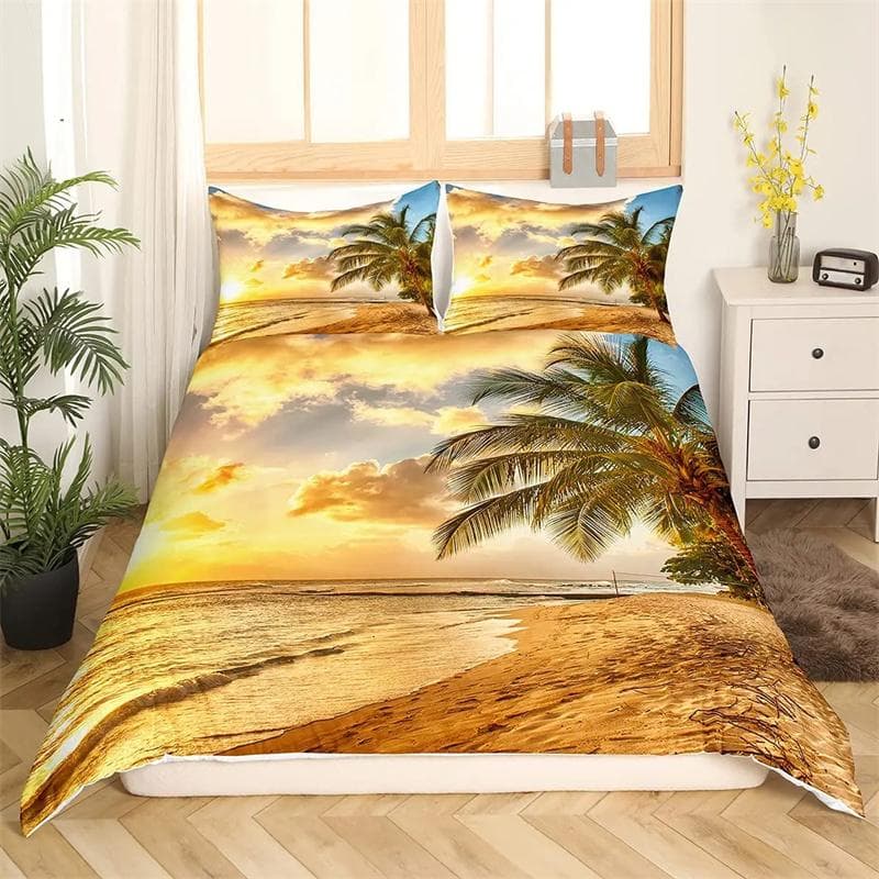 Beach Sea Wave Ocean Duvet Cover Sunset Hawaiian Palm Tree Wave Comforter Cover Tropical Island and Sea Beach Nature Theme Decor 173x218cm 2pcs