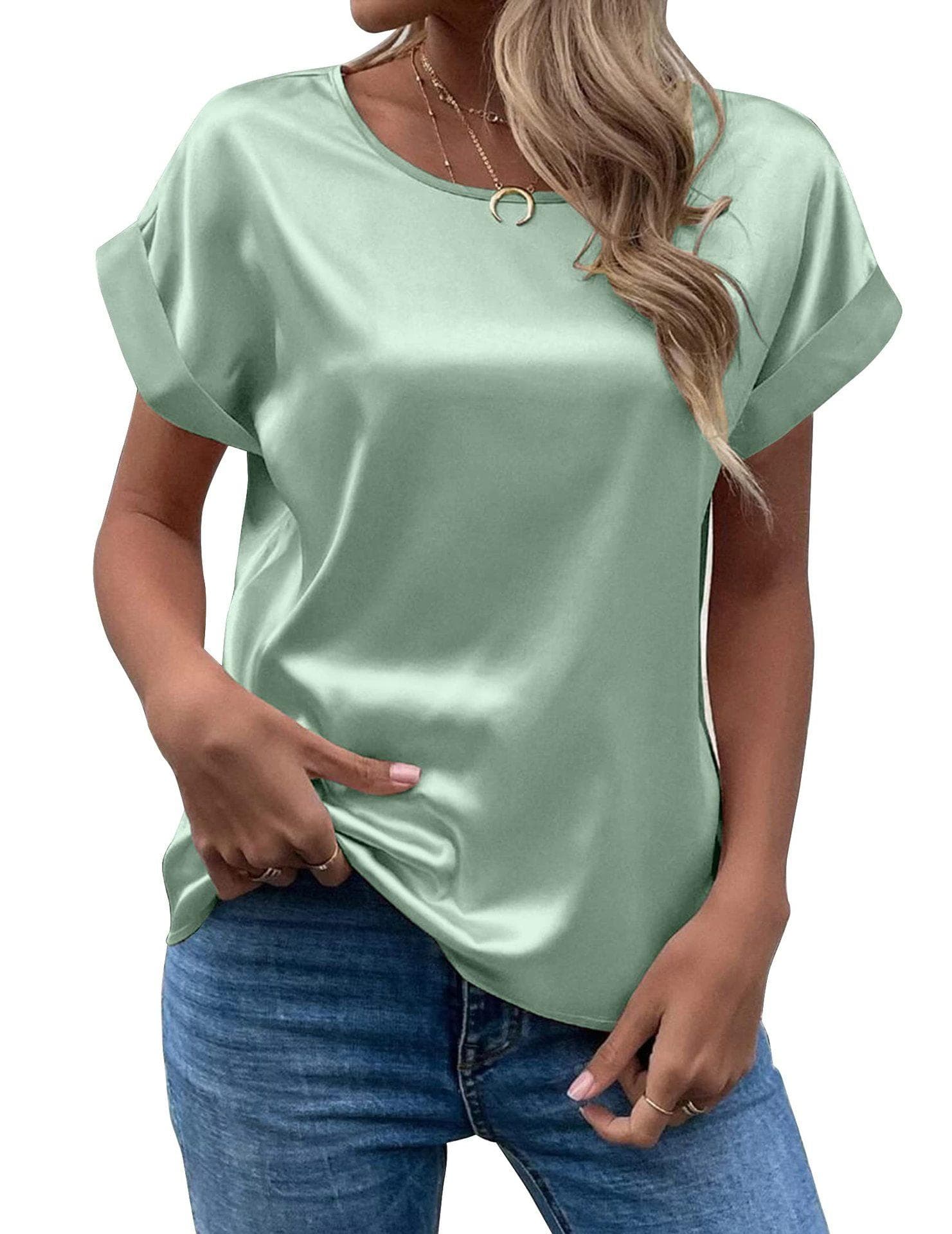 New Women's Short Sleeve Satin Shirt Loose Casual Round Neck Colored Ding T-shirt Women Spring and Summer XXL light green