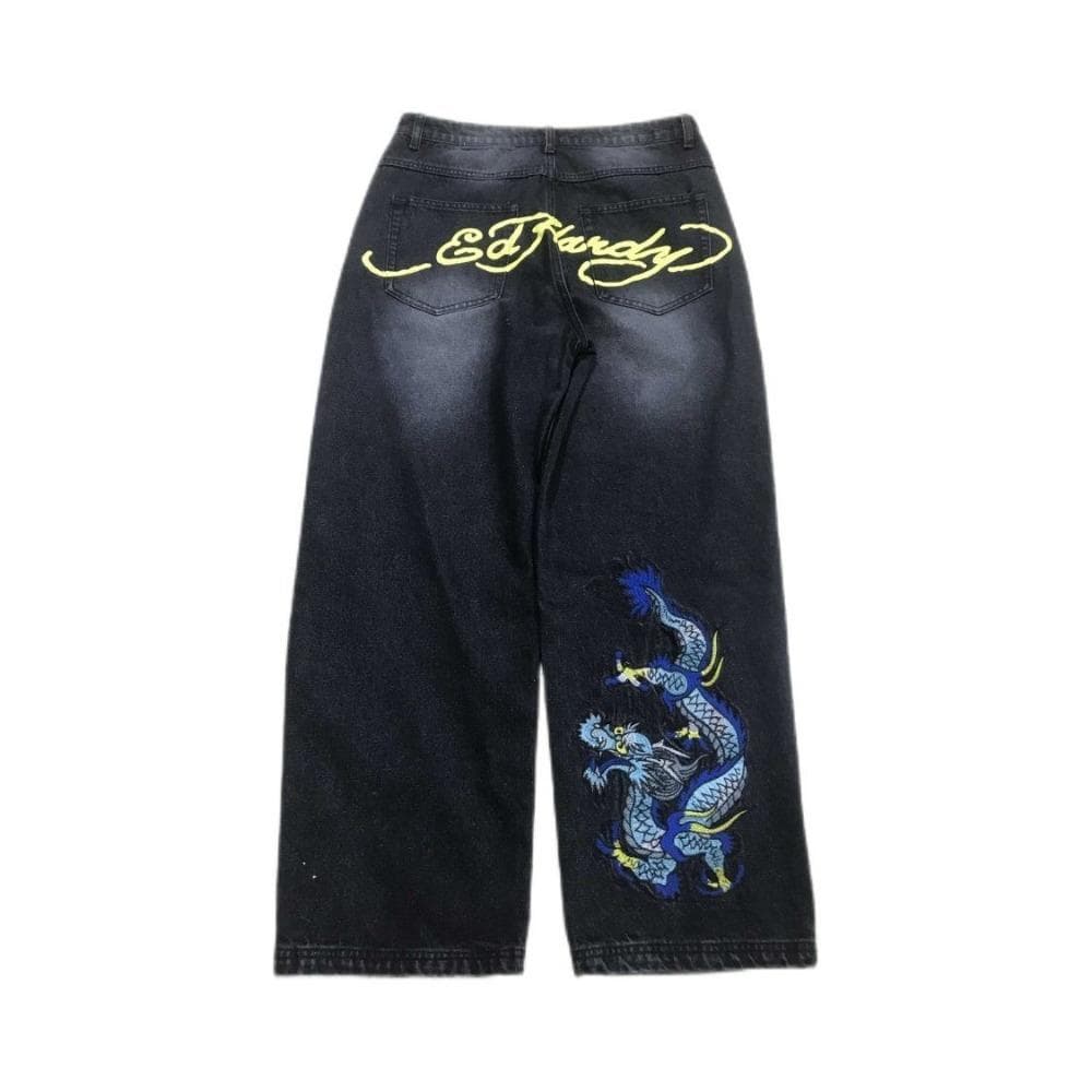 RogueWave European and American Retro High Street Hip-hop Oldschool Skull Embroidery Loose Casual Stylish Jeans Trousers 30