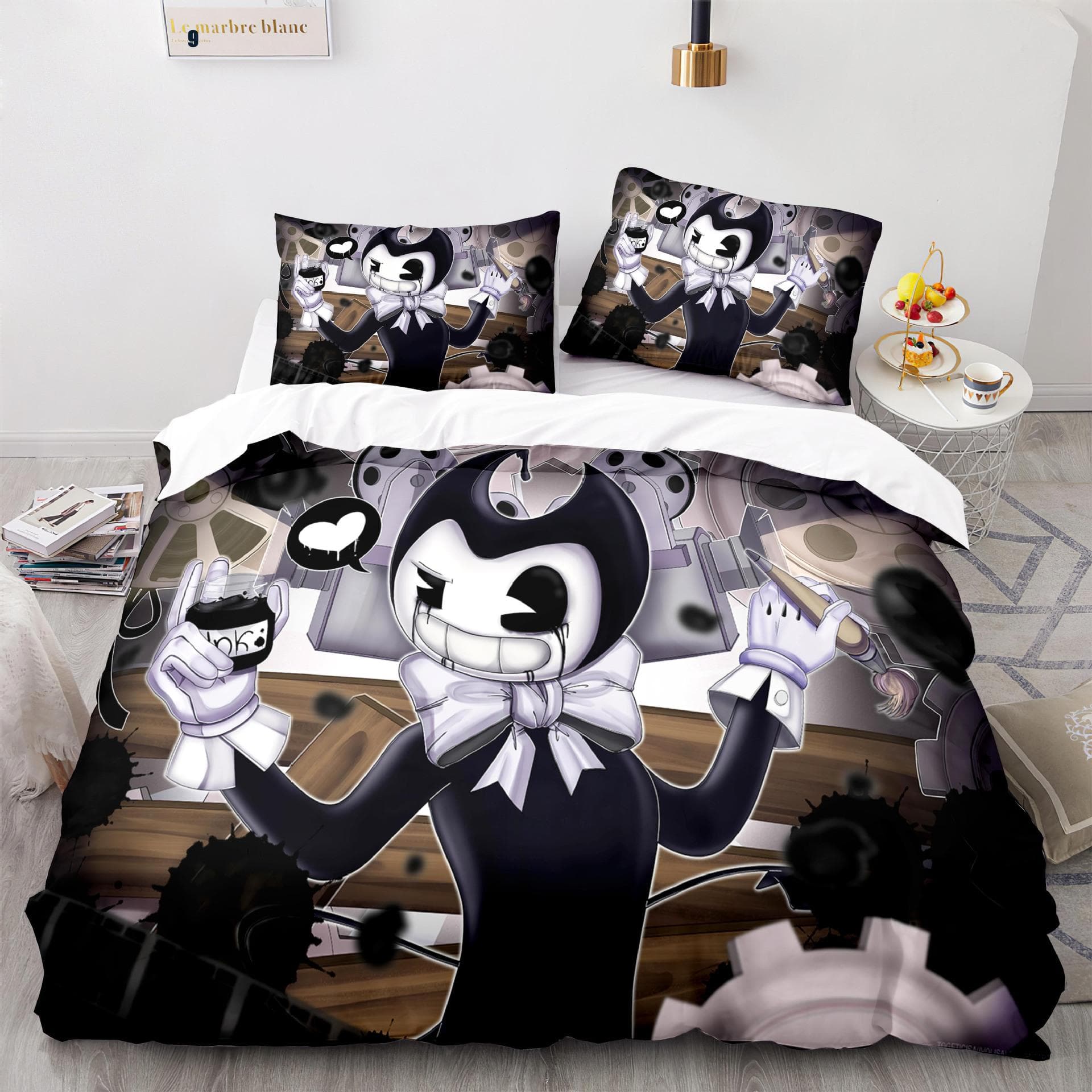 New Anime Bendy & Ink Machin Bedding Set Single Twin Full Queen King Size Bed Set Adult Kid Bedroom Duvetcover Set Home Textile EU Twin 135x200cm