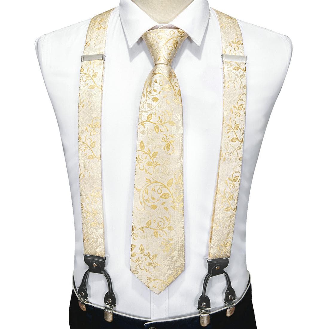 Fashion 6 Clip Men's Tie Suspenders 3.5cm Width Adjustable Elastic Strap Red Braces Suspender Silk Tie Set BJ-2030,N-1167