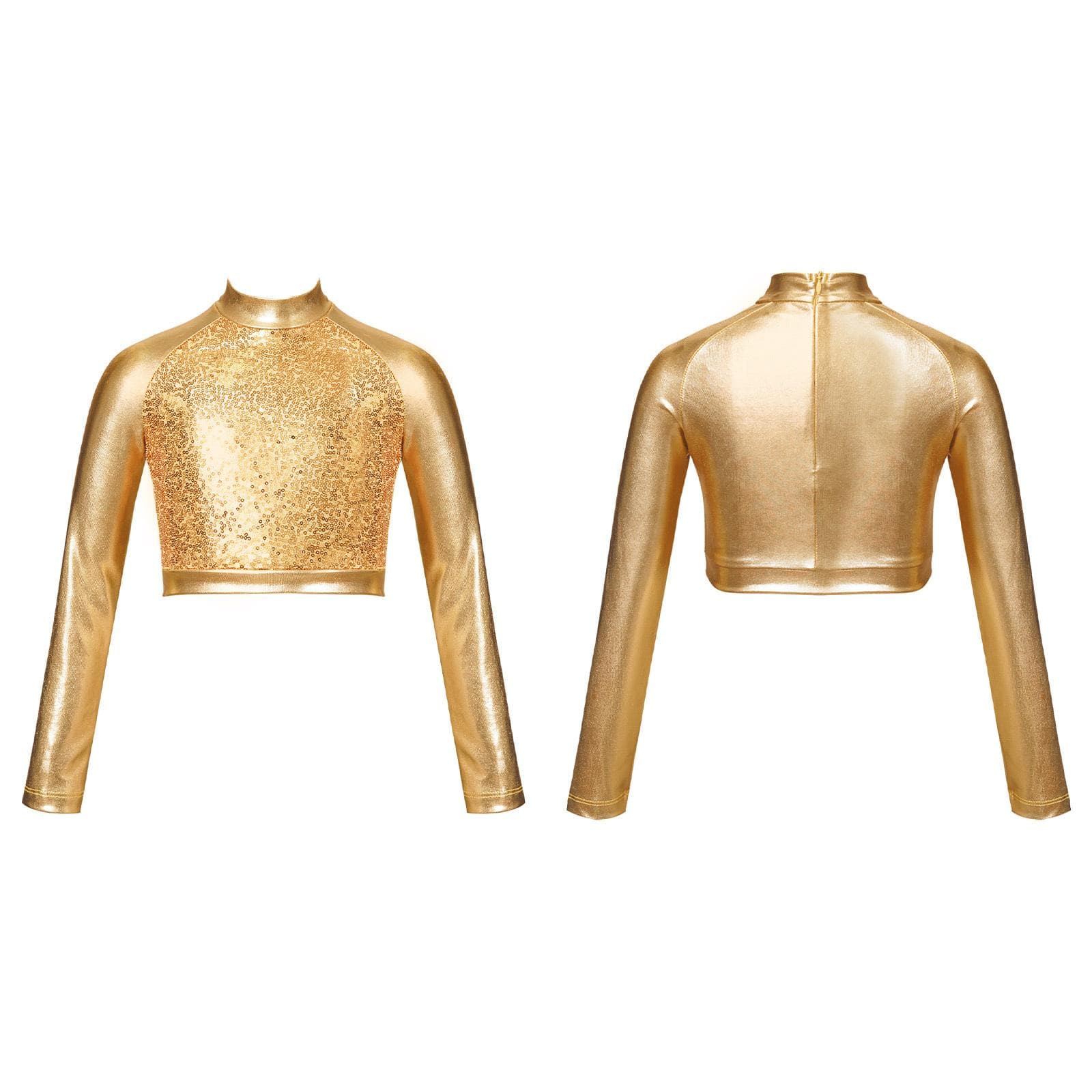 Kids Girls Shiny Metallic Long Sleeve Mock Neck Crop Tops for Dancing Stage Performance 15-16 Years gold