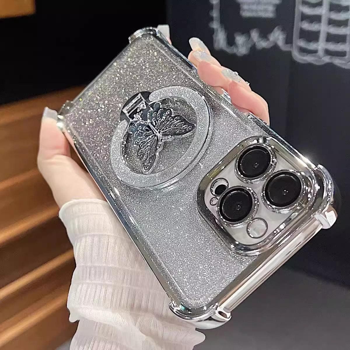 Applicable To IPhone16PROMAX Mobile Phone Case Gradient Glitter Butterfly Stand Apple 15 Magnetic Suction 14 Anti-fall Soft Sleeve iPhone11pro