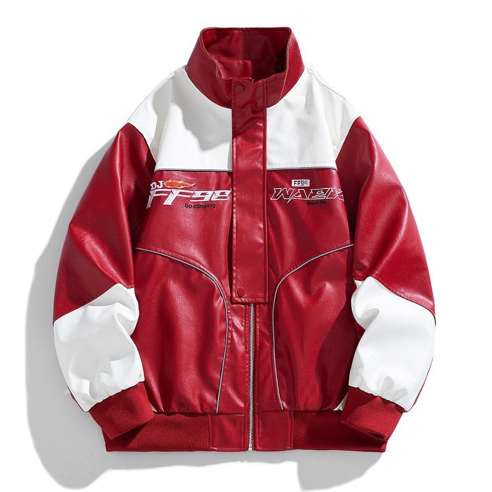 Men's Streetwear Faux Leather Jacket - Hip Hop Style, Stand Collar, Zip-Up, Short Sleeve with Pockets XXXL red