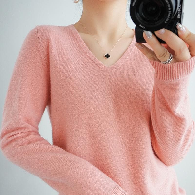 Women's Cozy Knitted Pullover Cashmere Sweater V Neck Fuzzy Slim Fit Sweater XXXL pink