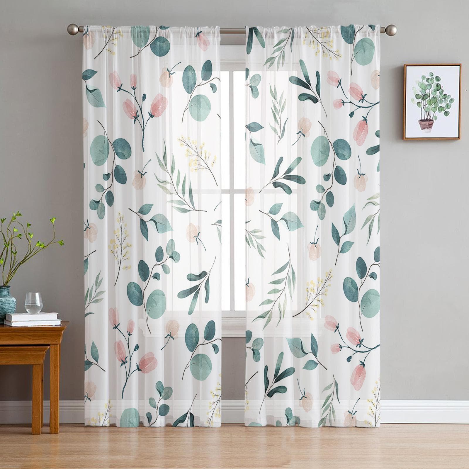 Summer Plant Green Leaf Watercolor Bedroom Curtains Tulle Sheer Curtain Living Room Home Decor Voile Drapes 135W x 114H(cm)