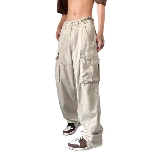 Men Cargo Pants Straight Leg Multiple Pockets Solid Color Zip Button Placket Elastic Band Buckle Warm Loose Adjustable Waist Men Trousers Men Garment M khaki