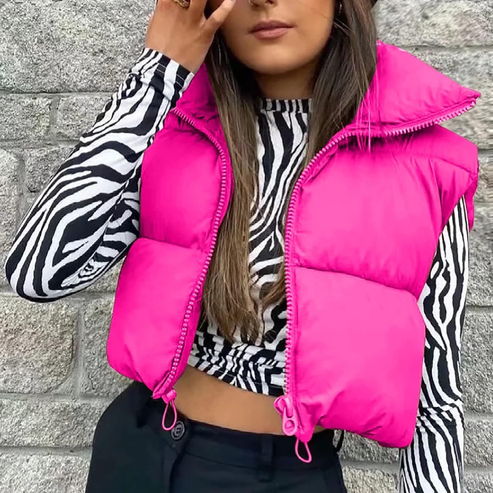 Women's Winter Tank Top Sleeveless Bomber Lightweight Stand Collar Zip Solid Quilted Vest S hot pink