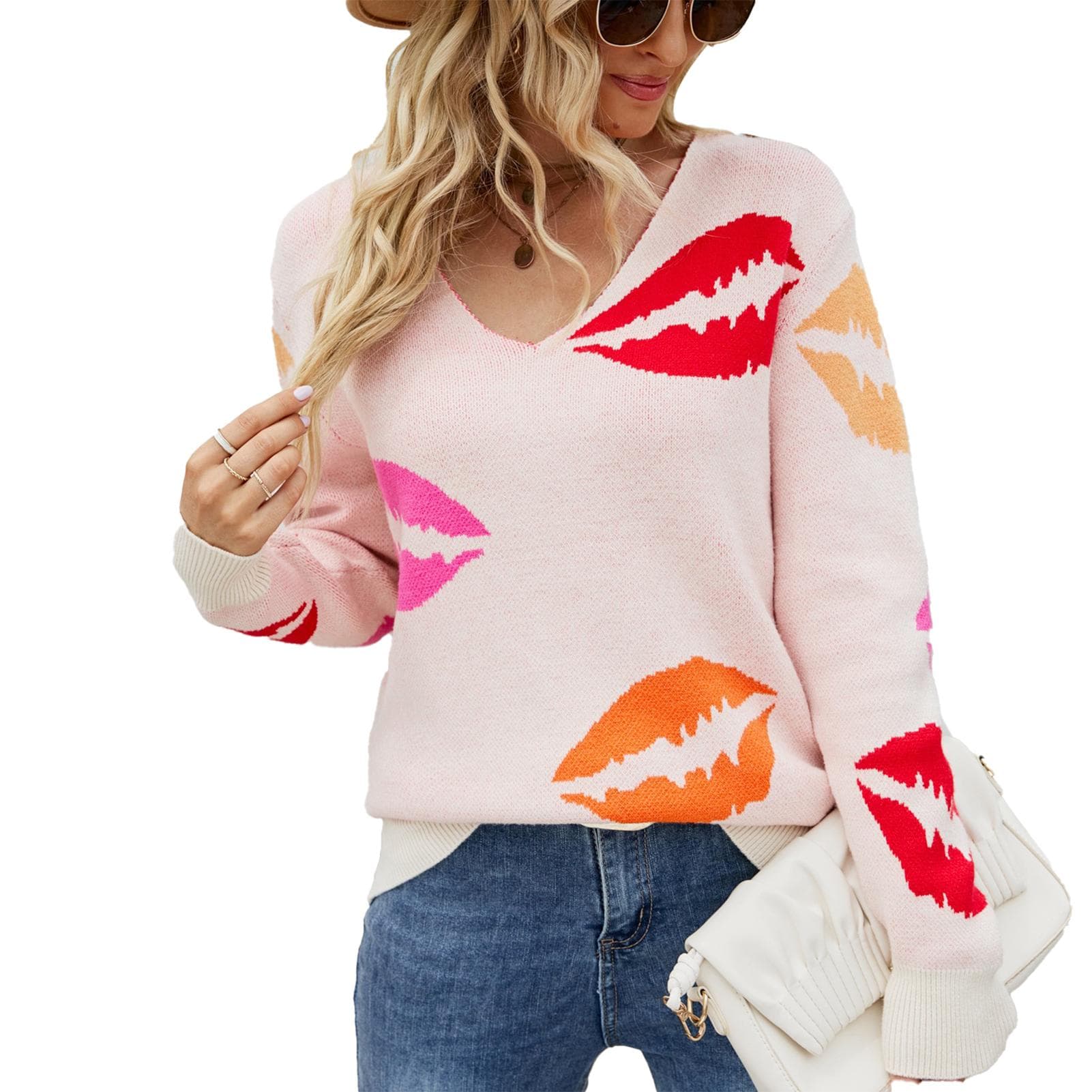 Kiss Lip Pullover Sweater V Neckline Long Sleeve Loose Kiss Lip Sweater for Women Lady Pink XL XL pink