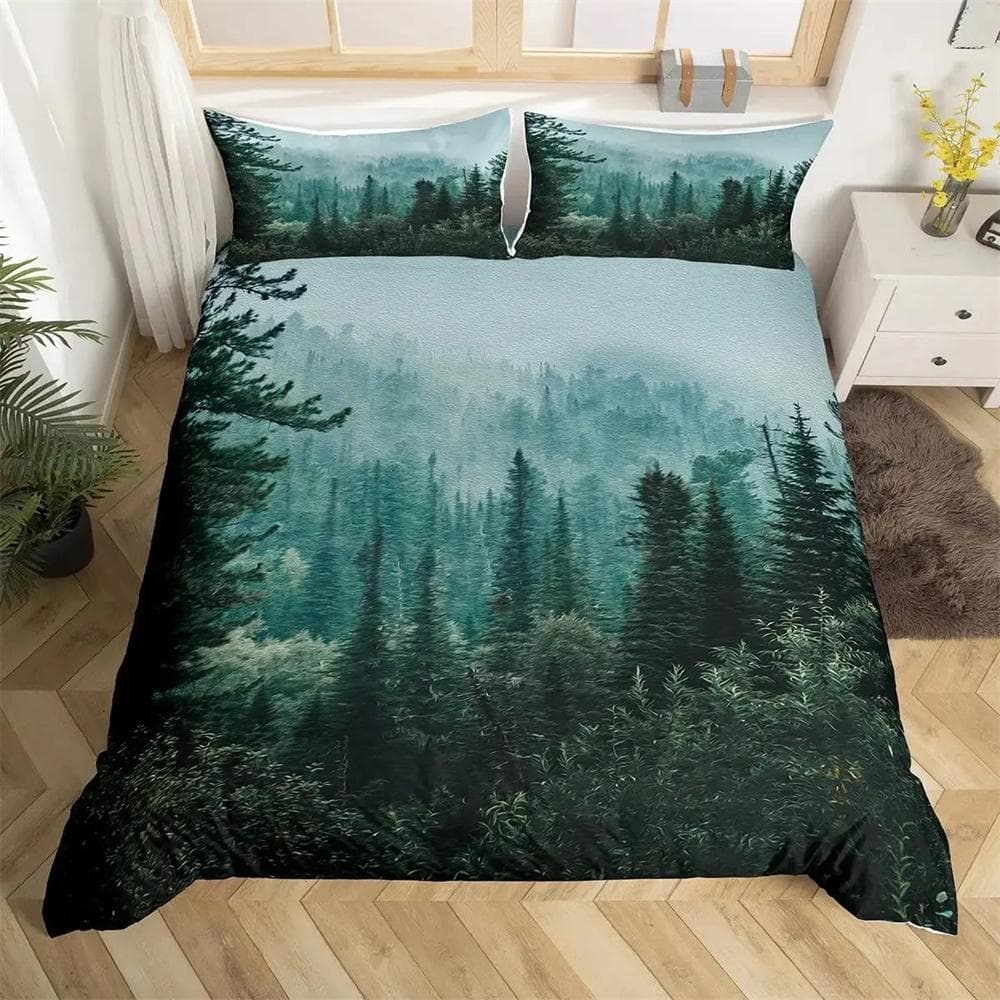 Smoky Mountain Duvet Cover Set Misty Forest Bedding Set Full Queen Size Grey Trees Natural Scenery Art Comforter Cover 140X200cm-2pcs