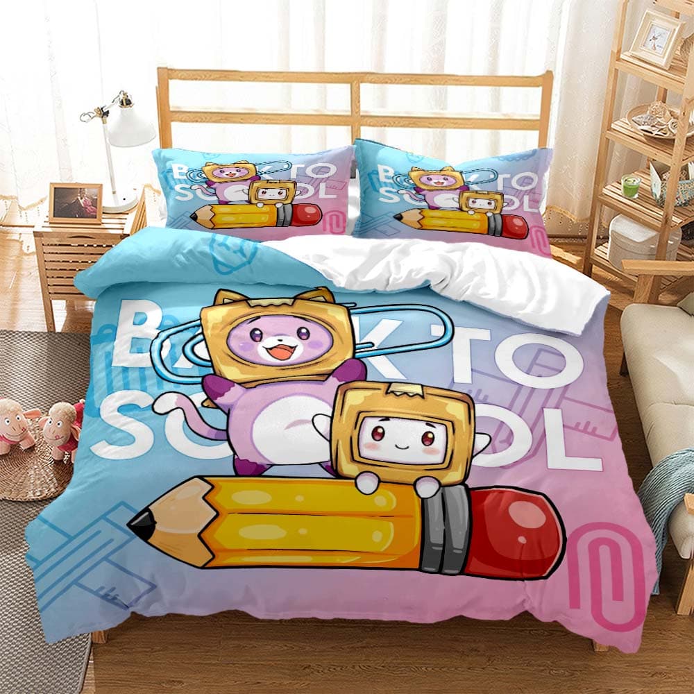 Lankybox Foxy Boxy Cute Cartoon 3D printed bedding Queen bedding set Customized King size bedding set Soft and comfortable 150x200cm 3pcs