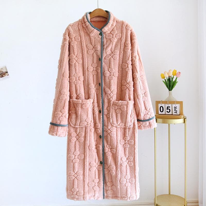 Autumn and Winter New Women's Nightgown Flannel Sweet and Cute Bathrobe Women's Nightdress Stand Collar Button Home Dress L pink