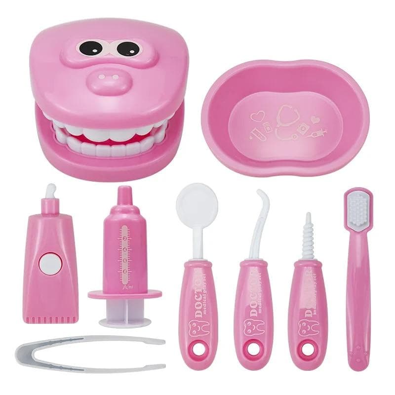 9PCS Simulation Dentist Play Set Baby Dental Doctor Medical Kit Pretend Toy for Kids Hygienic Habbit Cultivation Role Play Game pink
