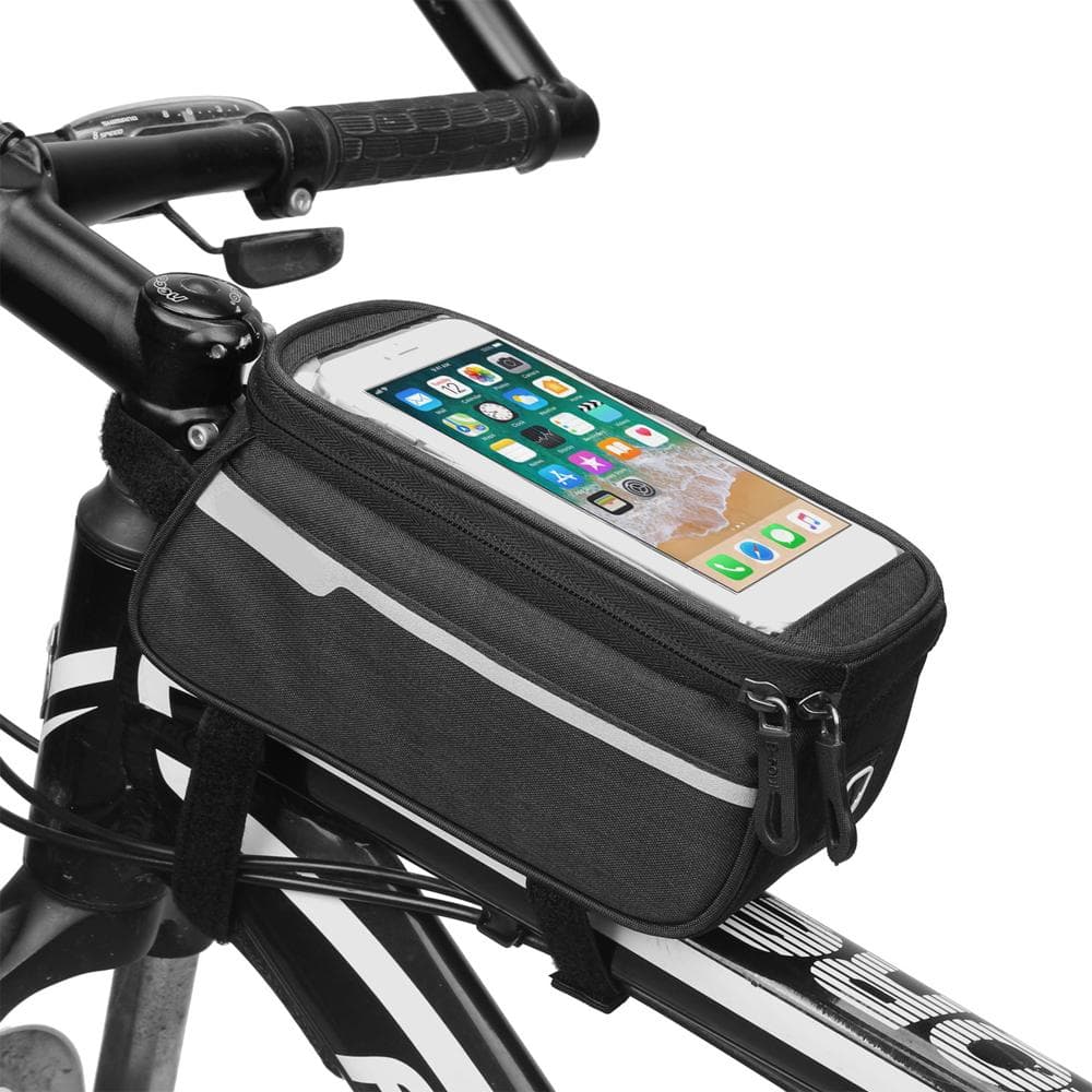 Bike Bag Bicycle Phone Front Frame Bag Waterproof MTB Bike Handlebar Tube Bag with Headphone Hole black