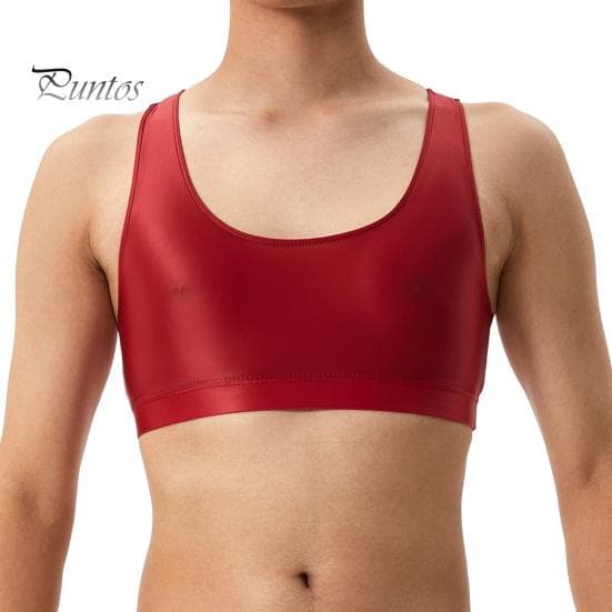 Men Sexy Glossy Silky Vest O-neck Sleeveless Racerback Tank Tops Solid Color Skinny Smooth Surface Tops M wine red
