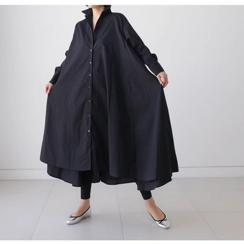 Autumn New Long-sleeved Shirt for Women Over The Knee Long Korean Style Loose Large Size Irregular Large Swing Shirt S black