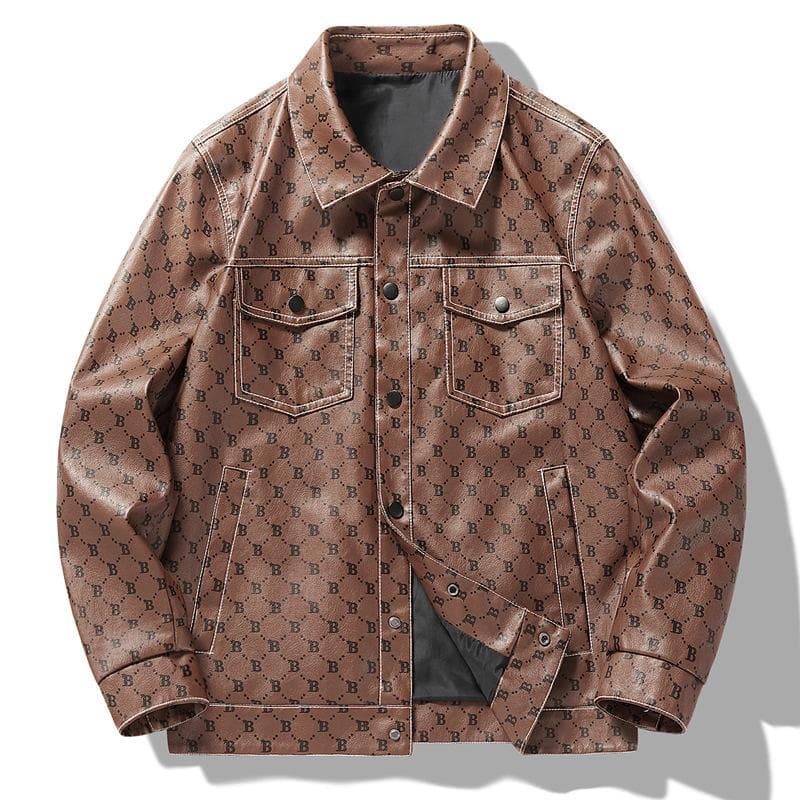 Men's PU Leather Fashion Leather Jacket Men's Coat Versatile Letter Lapel Top for Young and Middle-aged People 5XL