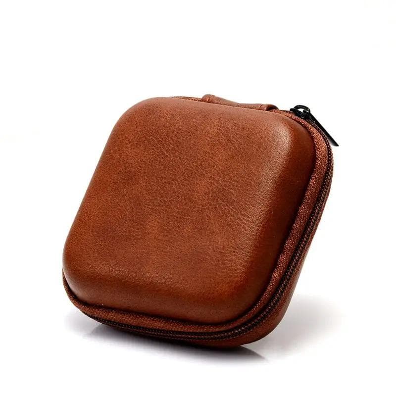USB Data Cable Storage Bag Leather Earphone Headset Cover Protector Mini Portable Zipper Headphone Case Earbuds Pouch Box brown