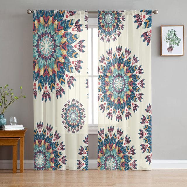Boho Mandala Datura Buddhism Ethnic Sheer Voile Curtains For Kitchen Living Room Bedroom Decor Tulle Curtains Window Treatment 1 PCS W100XH250cm
