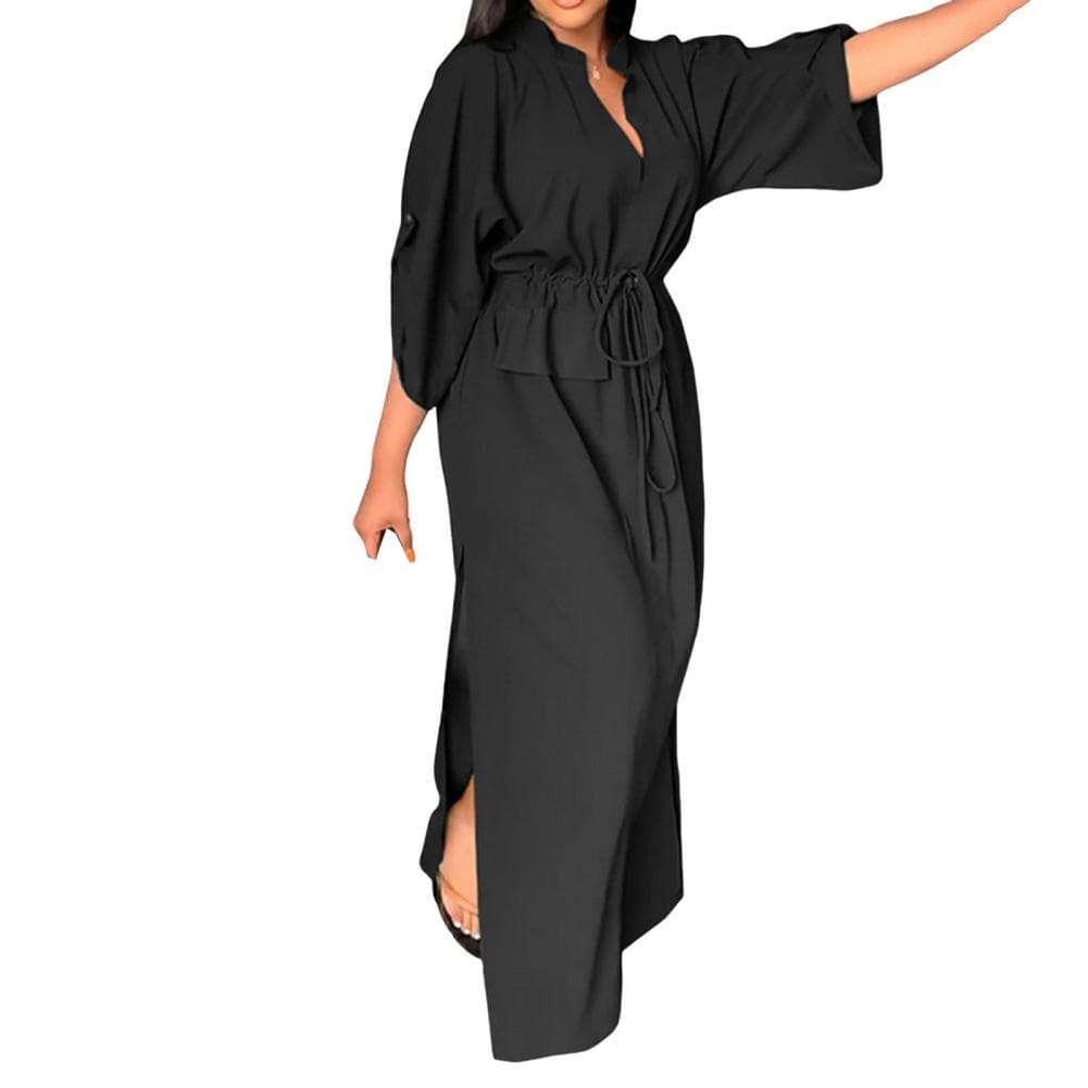 Summer Fall Dress V Neck Drawstring Slim Waist Side Split Three-quarter Sleeves Pure Color with Cufflink Daily Wear Commuting Da M black