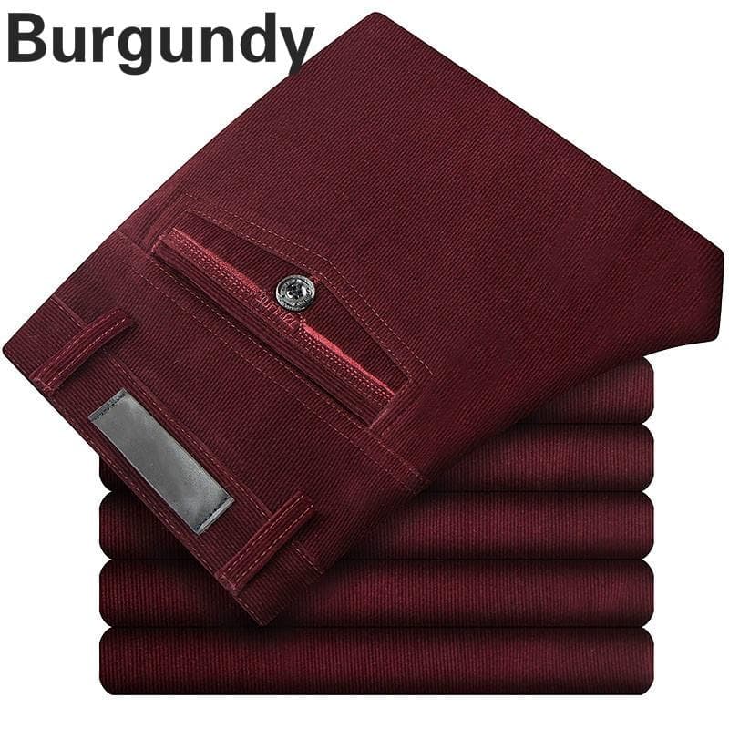 Men Corduroy Cord Trousers Stretch Straight Pants Casual Loose High Waist Retro Pants 34 burgundy