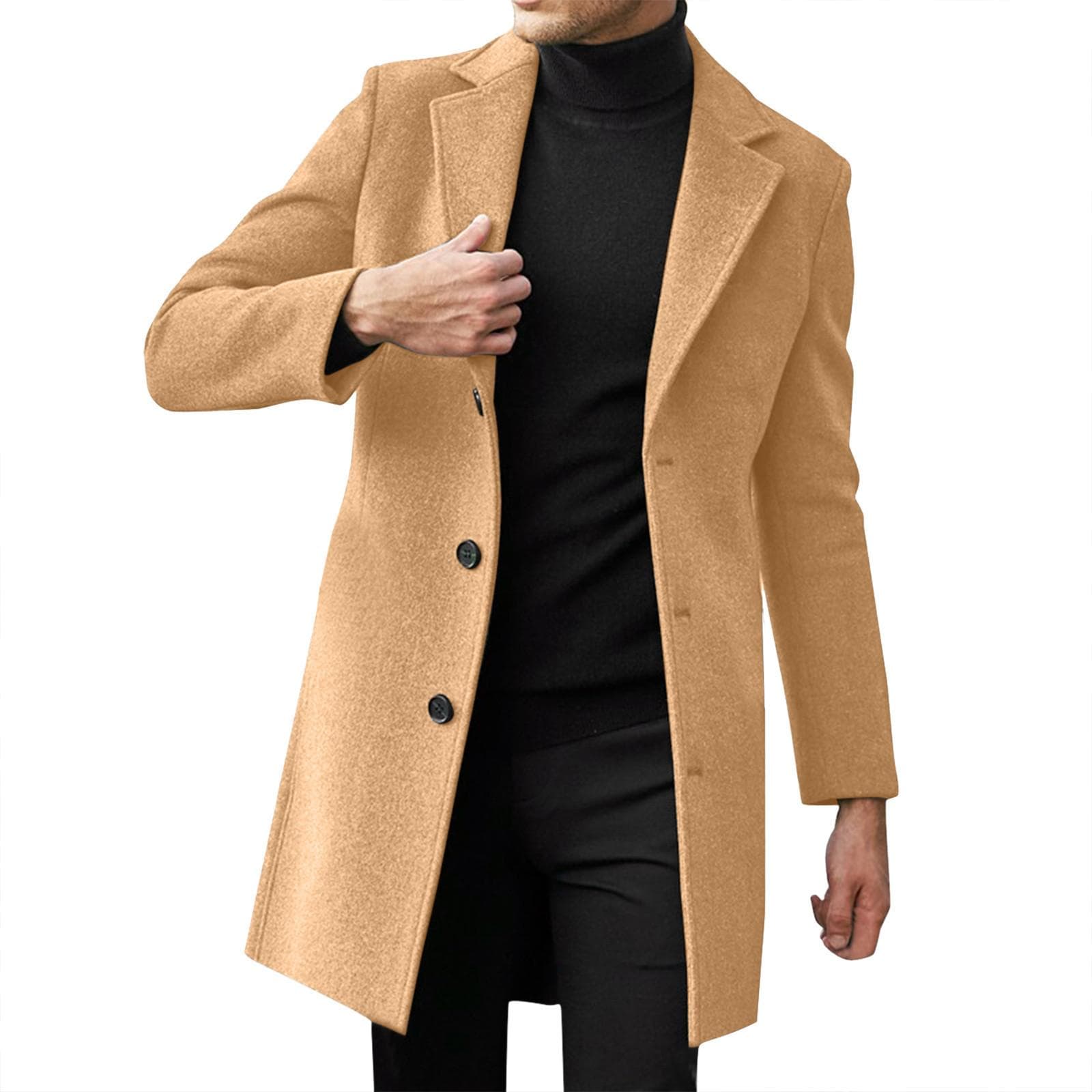 Men's Single Breasted Lapel Coat Long Sleeve Solid British Style Single Breasted Coat XXL khaki