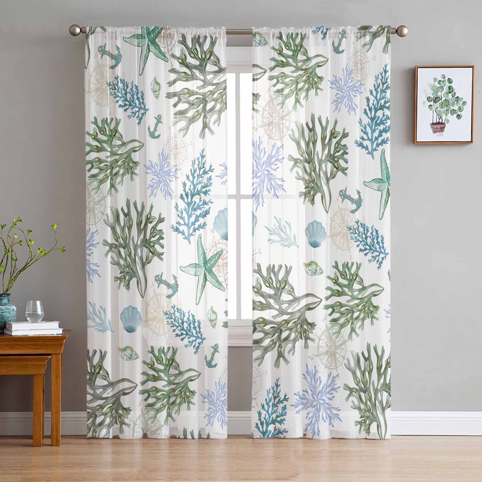 Coral Starfish Shells Tulle Window Curtains for Bedroom Luxury Home Decor Drapes in Living Room Chiffon Panels 135W x 114H(cm)