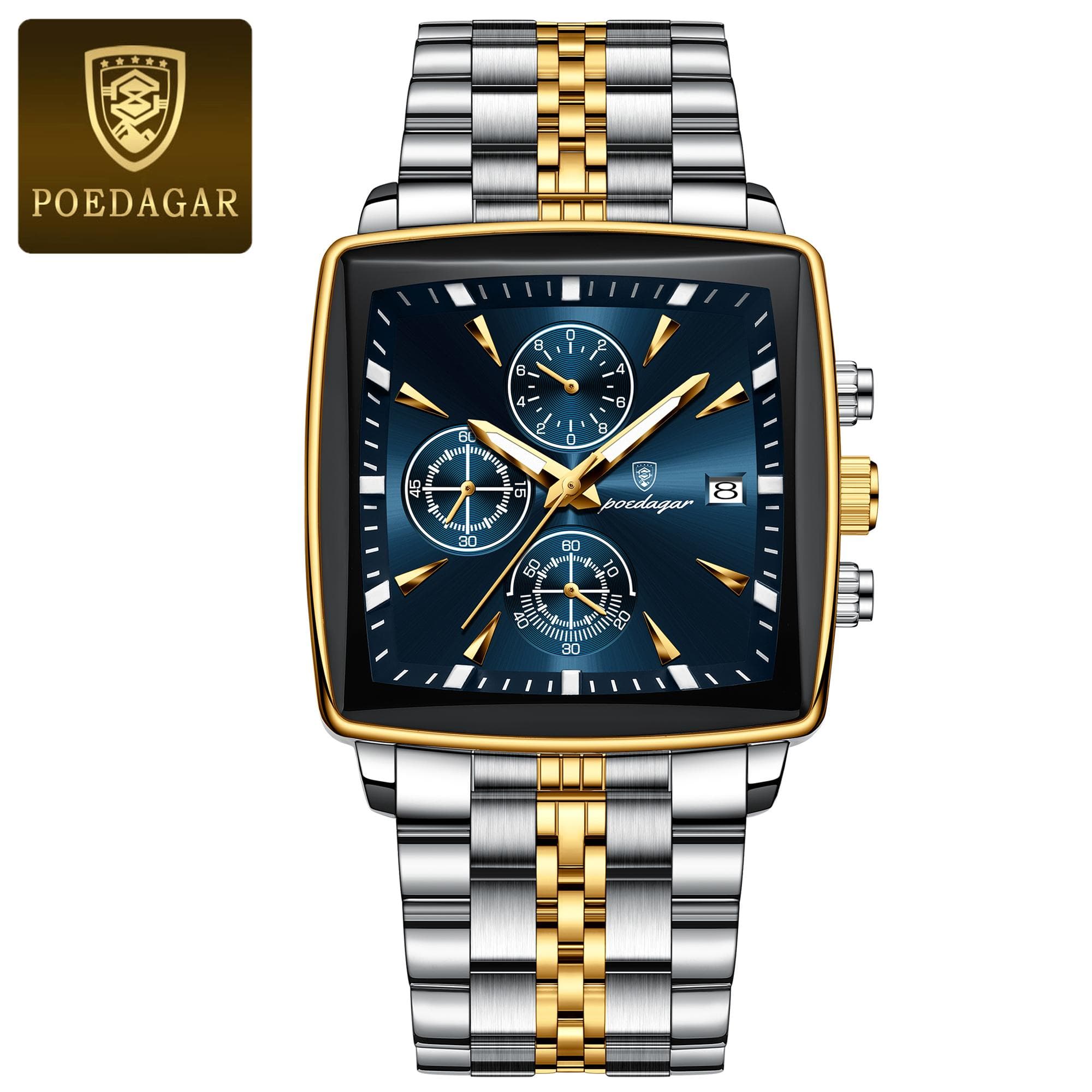 Square Luxury Quartz Mens Watches Relogio Masculino Calendar Weekday Male Wristwatch Stainless Steel Chronograph Watch Relogio Masculino gold/blue