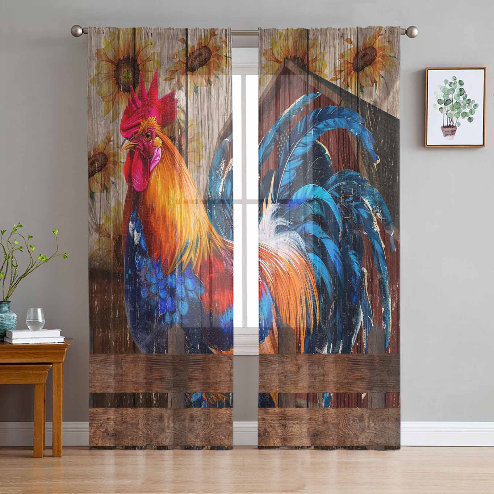 Rooster Sunflower Farm Window Tulle Curtains for Living Room Bedroom Hotel Luxury Decoration Sheer Curtains 135W x 114H(cm)