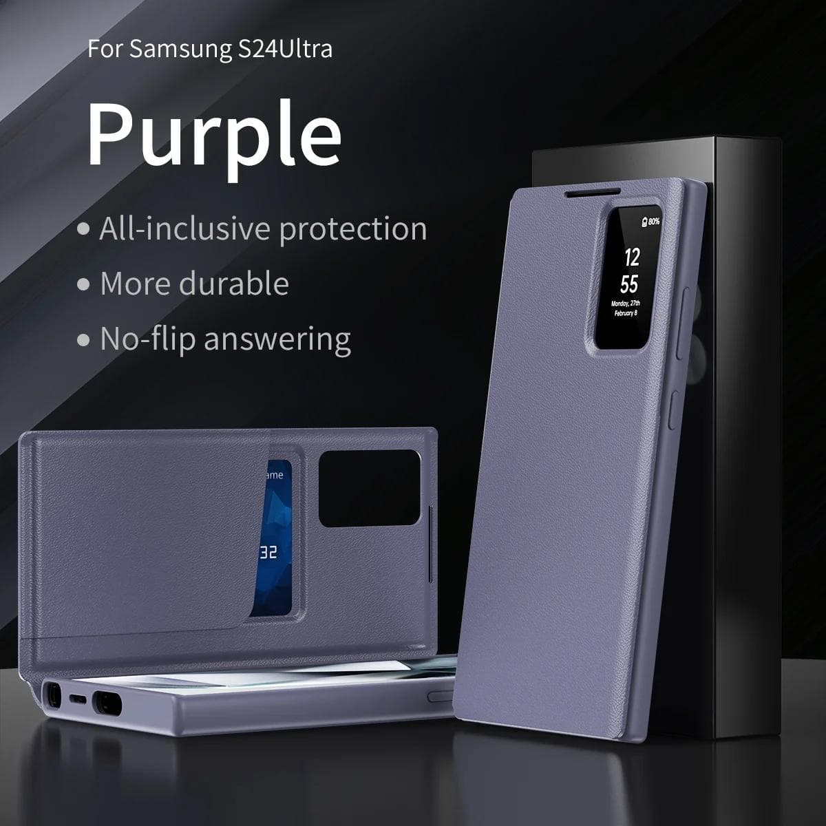 Leather Card Pocke Case for Original Samsung Galaxy S25 Ultra S24 S23 S22 S-View Flip Smart Display LED Transparent Window Cover For S22plus purple