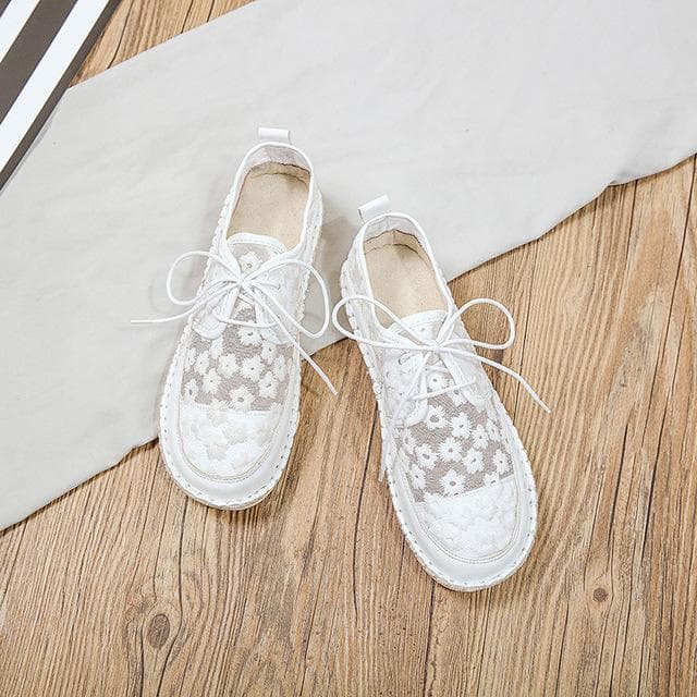Fashion Spring Summer Embroidered Mesh Casual Breathable Cutout Lace-Up Solid Cover Heel Shallow Flat Mesh Shoes 37 white