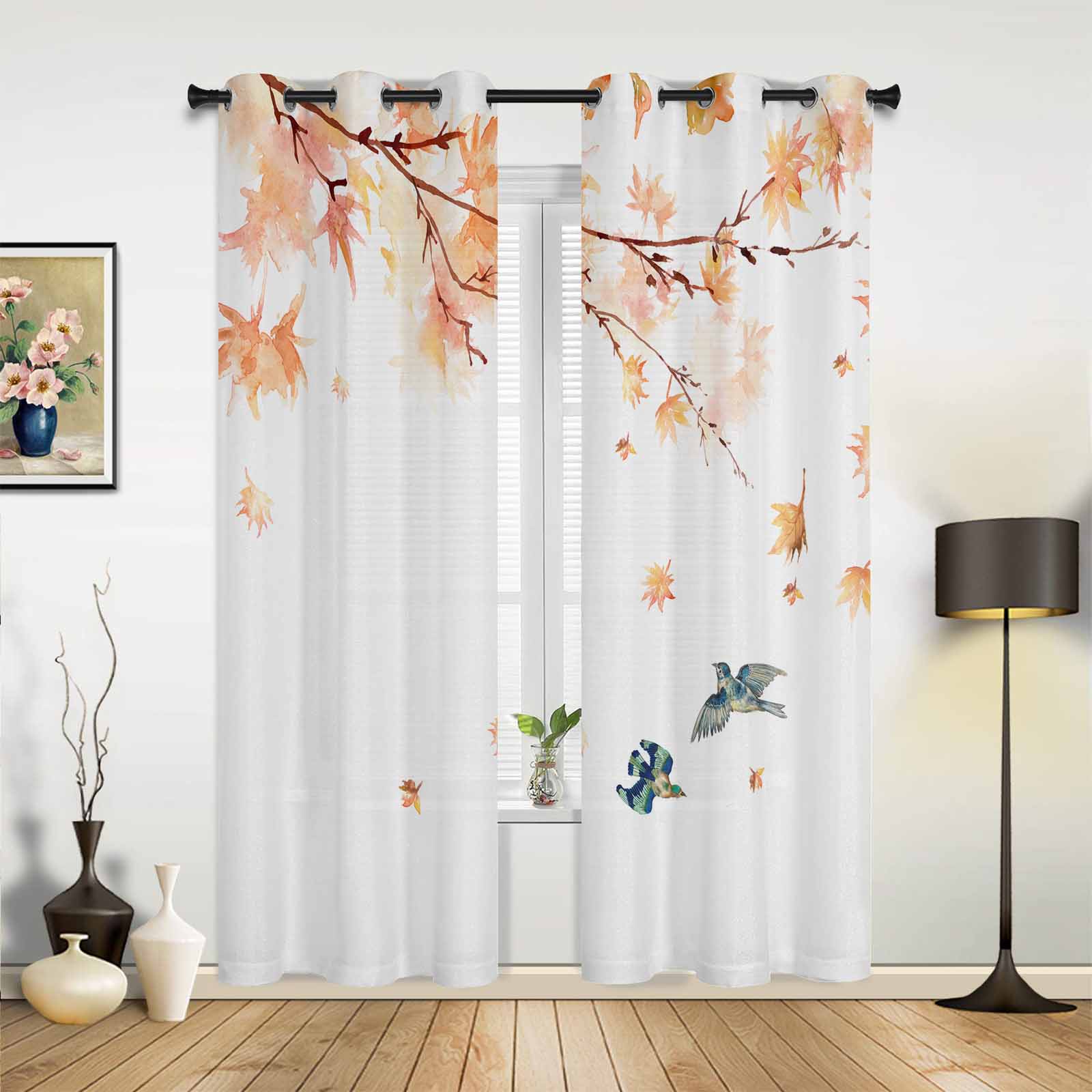 Maple Leaves Branches Birds Window Curtains for Living Room Luxury Bedroom Curtain Kitchen Blinds Drapes Curtains 135W x 60H(cm) x1