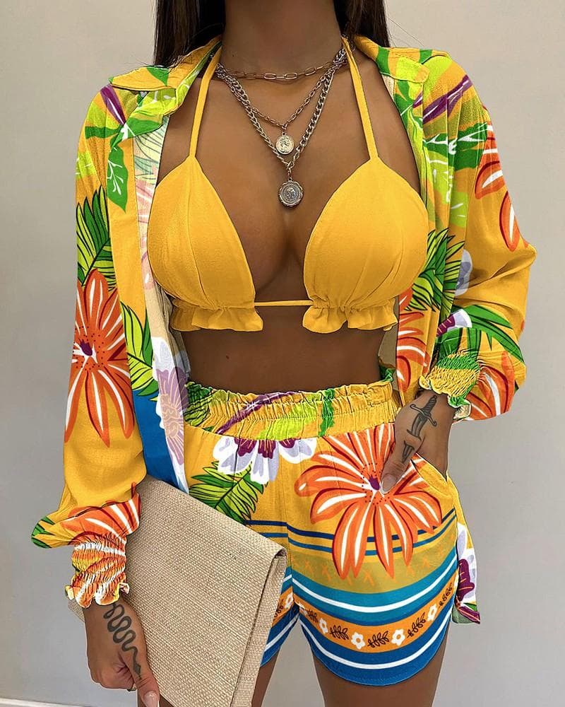 2025 Sexy Swimsuit Summer Fashion Solid Color Printing 3 Piece Suit Women XL