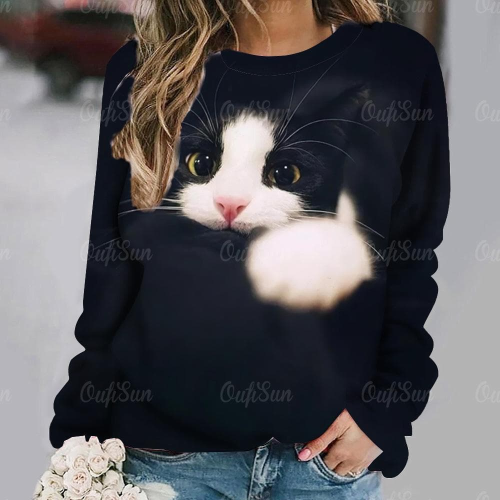 Women Long Sleeve T Shirt Kawaii Cat Graphic 3d Print Tees Harajuku Casual Tops Autumn O Neck Pullover Female Loose Clothing L