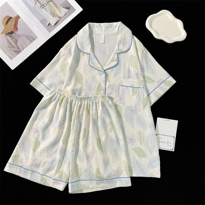 Love Print Women's Pajamas Set Korean Pajamas 2 Piece Tops Shorts Soft Cotton Casual 2 Piece Pajama Set M
