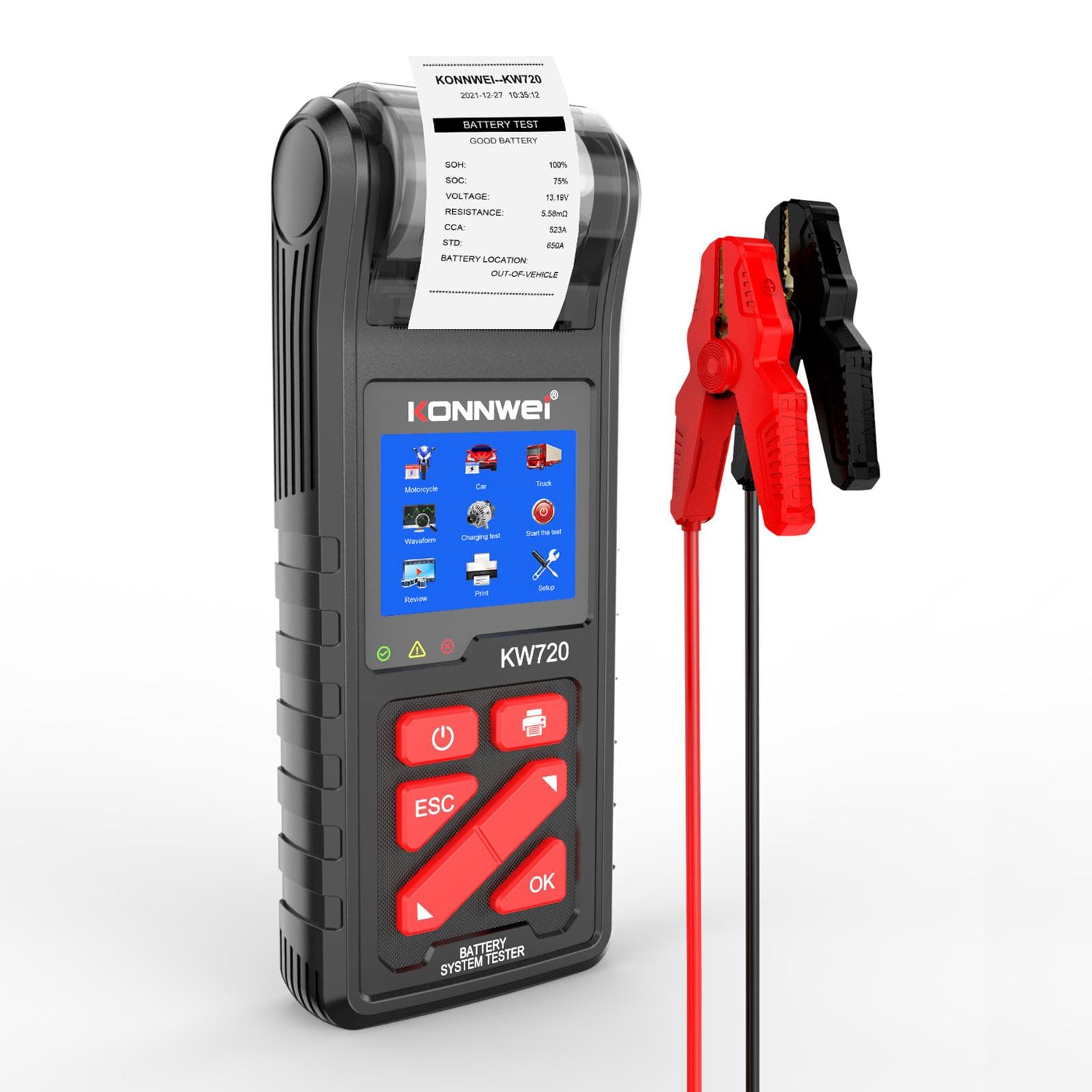 KONNWEI KW720 Car Battery Tester With Intergrated Printer 6V 12V 24V Battery Load Tester Cranking black