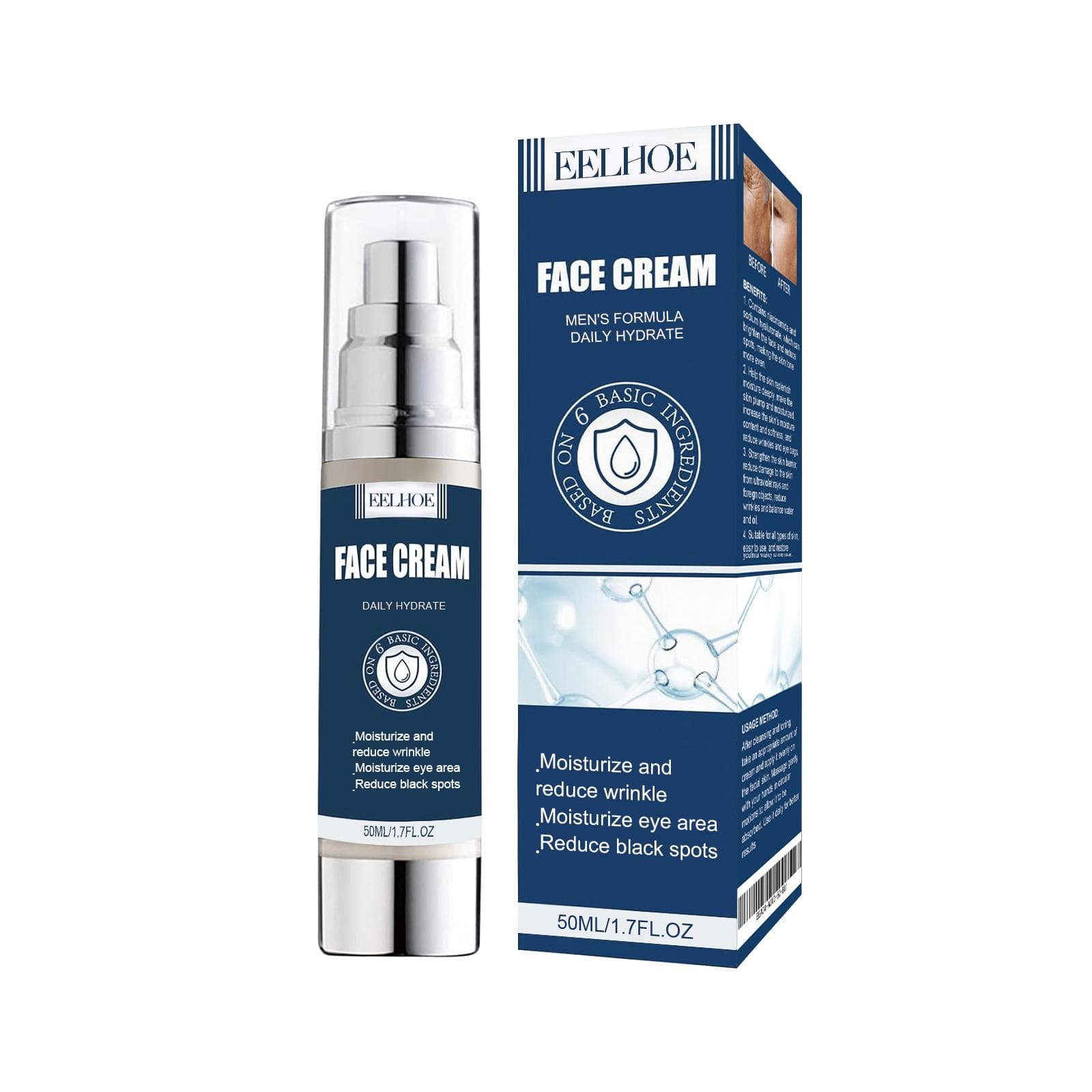 EELHOE Men's Face Cream 50ml Reduces Fine Lines + Firms Skin 24-Hour Hydration, Natural Formula, Suitable for Mature/Tired Skin 50ml