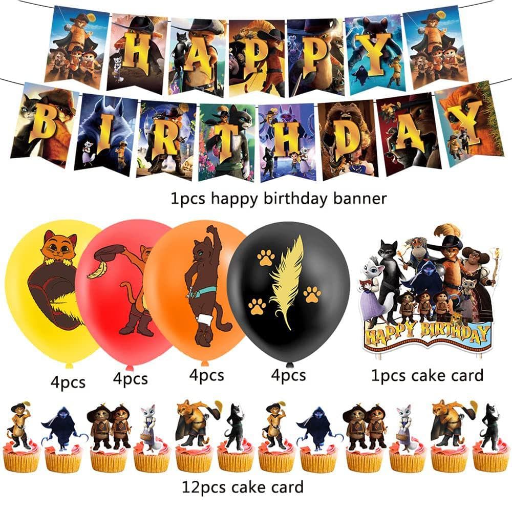 30pcs Puss in Boots Party Supplies Including Cake Topper Balloons Banner