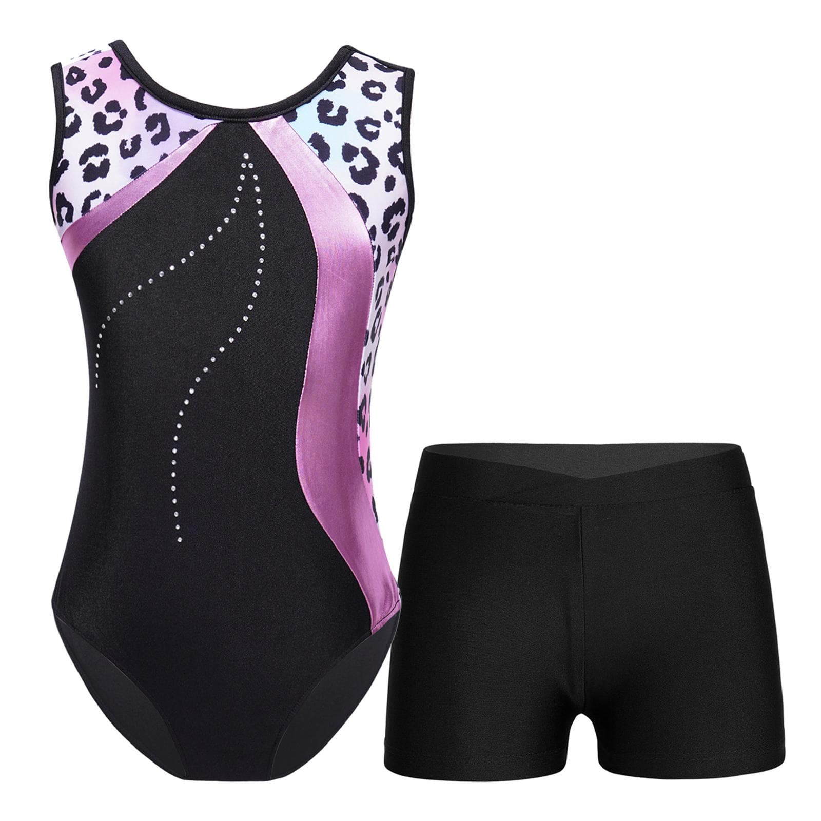 2PCS Girls Leotards with Shorts Dance Wear Gymnastics Biketard for Kids 13-14 Years