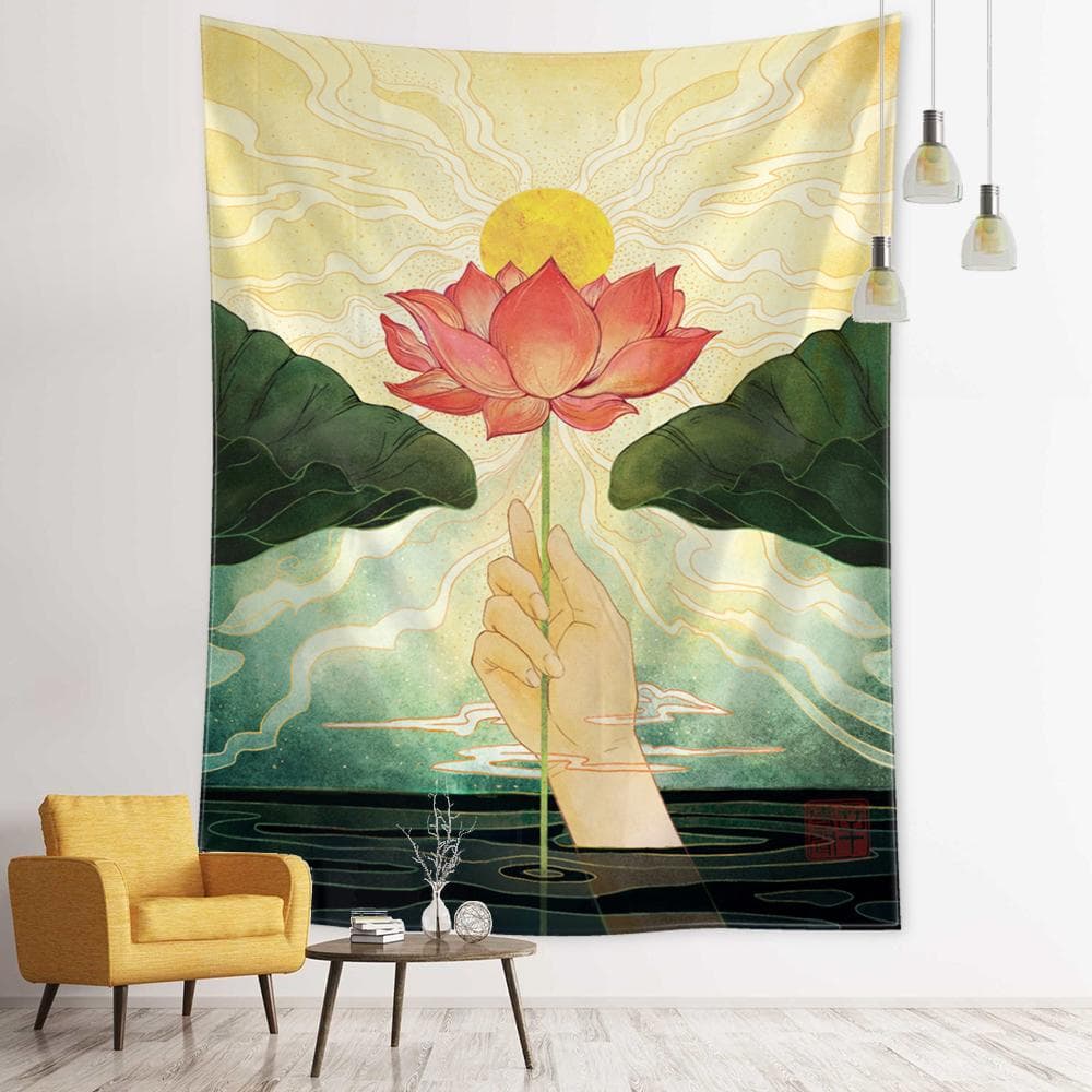 Bergamot Lotus Tapestry Wall Hanging Oil Painting Illustration Bohemian Style Aesthetics Room Home Decor 95x70cm