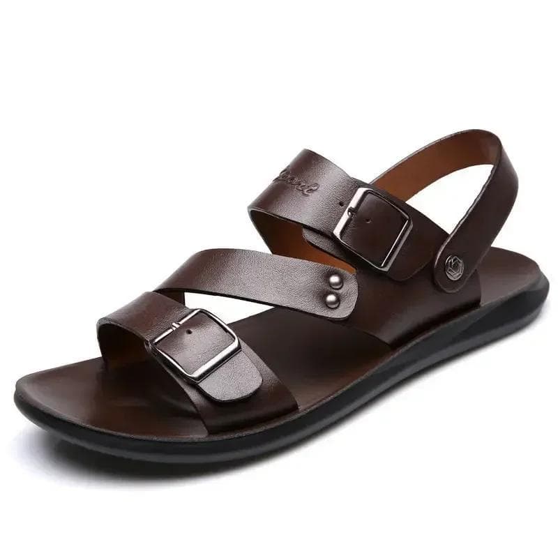 Men's Sandals Solid Color Open Toe Mens Leather Sandals 2024 New Slippers Beach for Male Leather Footwear 40 brown