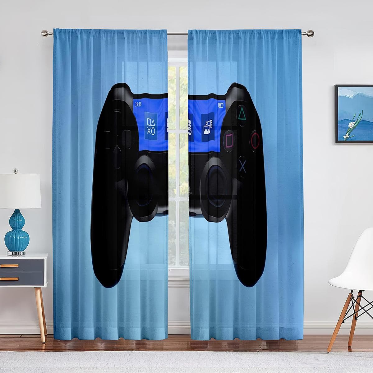 Gamepad Gamer Sheer Voile Curtains Video Games Controller Cool Window Tulle Curtains for Living Room Boys Girls Bedroom Decor 1 PCS W300XH250cm&Rod Pocket