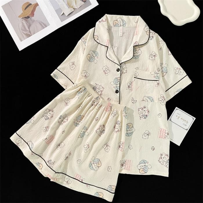 Print Cartoon Cute Kawaii Women's Pajamas Set Summer Casual Sleepwear 2 PCS Tops and Shorts Soft Cotton Home Suit Outfits Ladies M