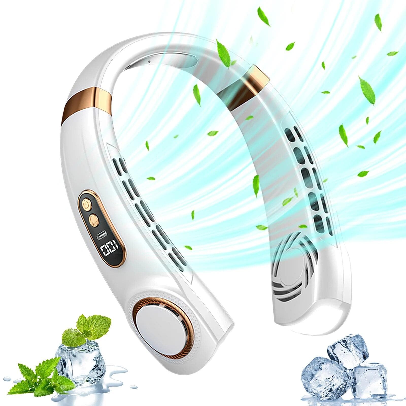 Portable Neckband Fan Hanging Neck Fan Mute Digital Display Mini Electric Fan Air Cooler USB Rechargeable Silent Handheld Fans white