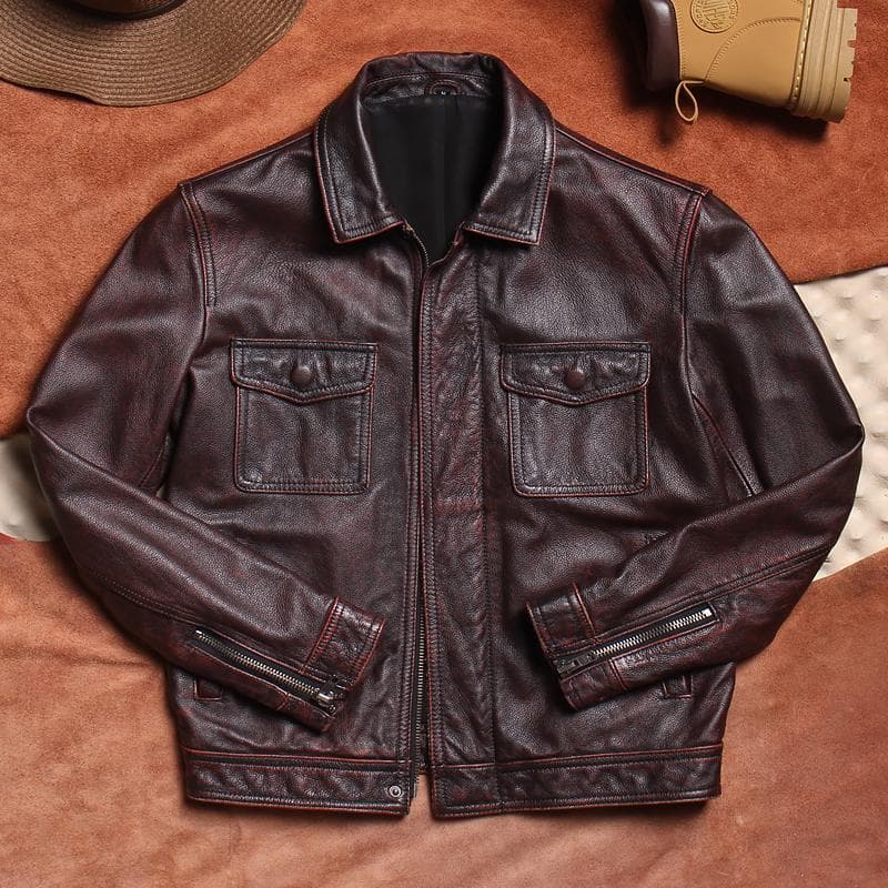 American Retro Washed Distressed Men's Cowhide Leather Jacket 2XL