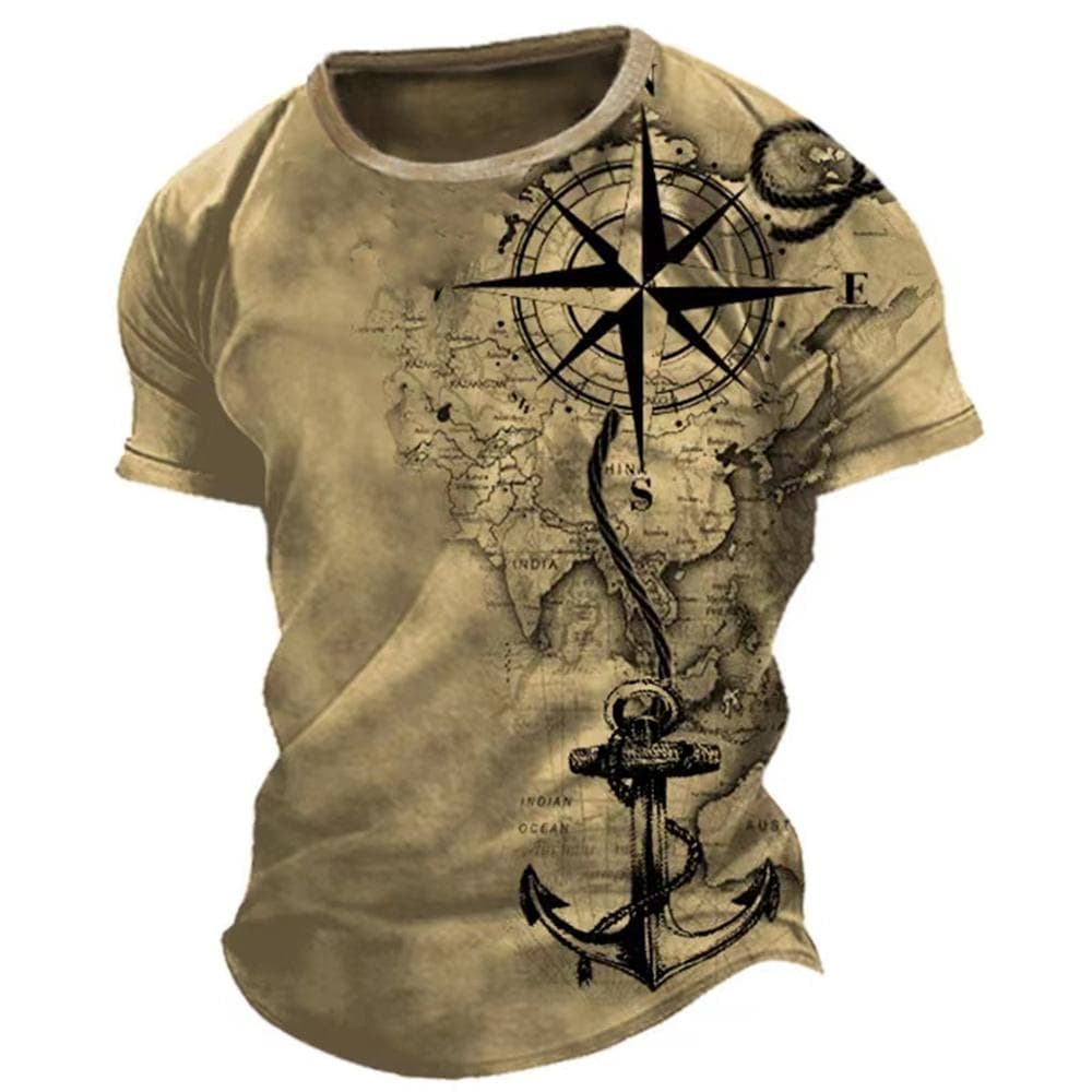 Vintage Men's T-shirt Summer American Shirt Tops Compass Printed Short-sleeve Tees Loose Daily Men Clothing Casual Streetwear L