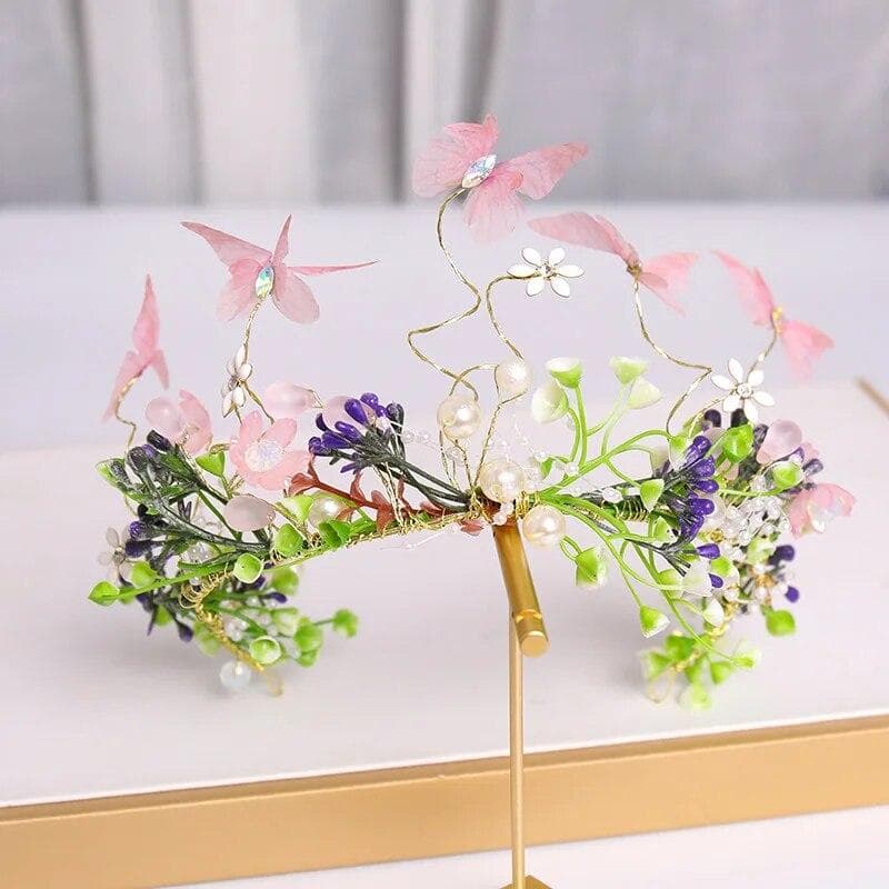 Luxury Crystal Pearl Headband Hairband Tiara Butterfly Flower Leaf Headband Tiara Bridal Wedding Hair Accessories Jewelry Tiara pink