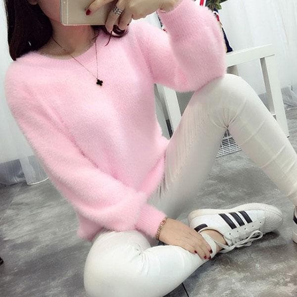 Autumn and Winter Round Neck Short Top Loose Pullover Solid Color Long-haired Sweater Thick Mohair Bottoming Shirt L